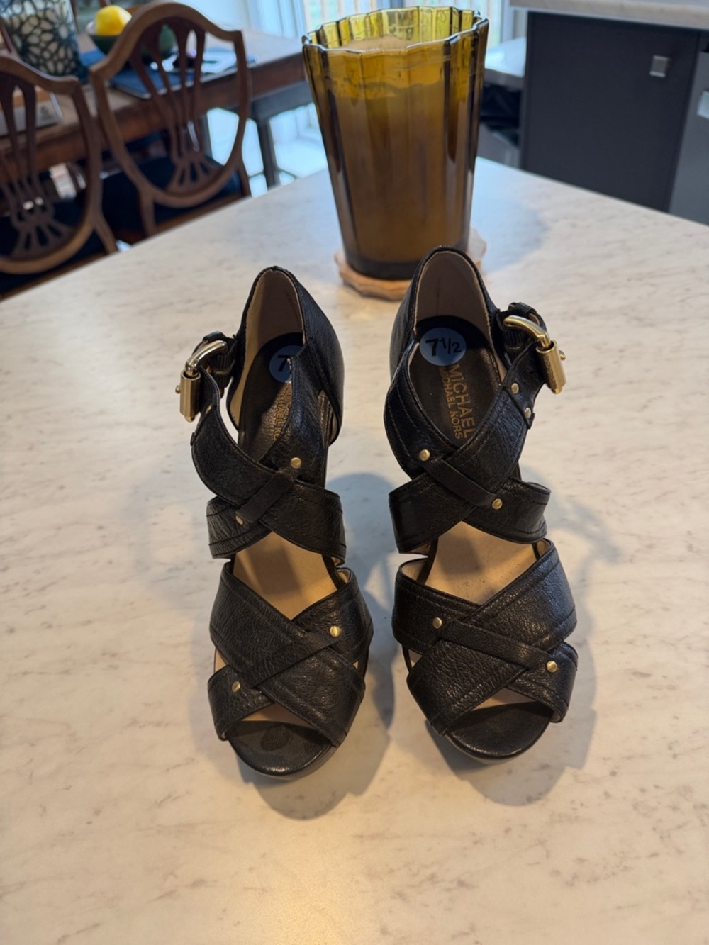Michael Kors Black Crisscross Leather Wedge Sandals with Gold Buckles